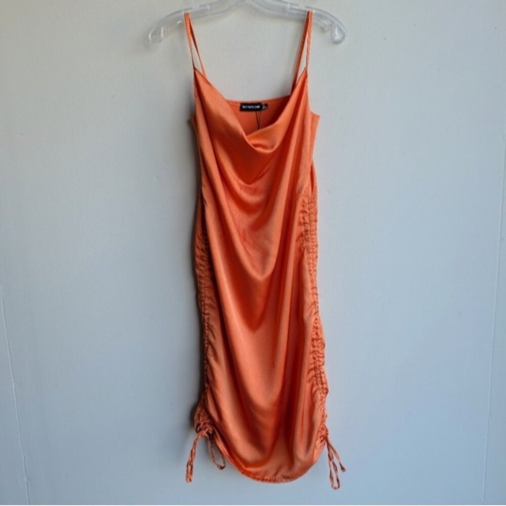 PrettyLittleThing Satin Cowl Neck Sleeveless Ruched Dress